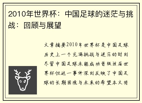 2010年世界杯:中国足球的迷茫与挑战:回顾与展望