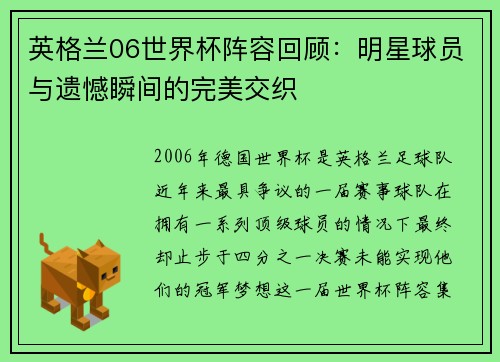 英格兰06世界杯阵容回顾:明星球员与遗憾瞬间的完美交织