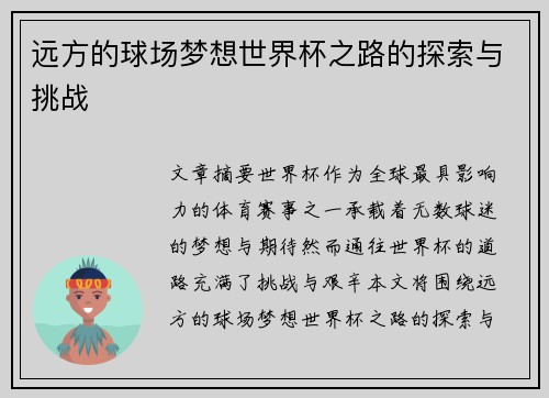 远方的球场梦想世界杯之路的探索与挑战
